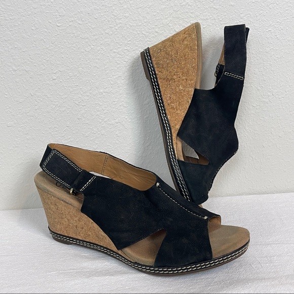 Clarks Shoes Clarks Helio Float Wedge Sandals Black Nubuck Poshmark